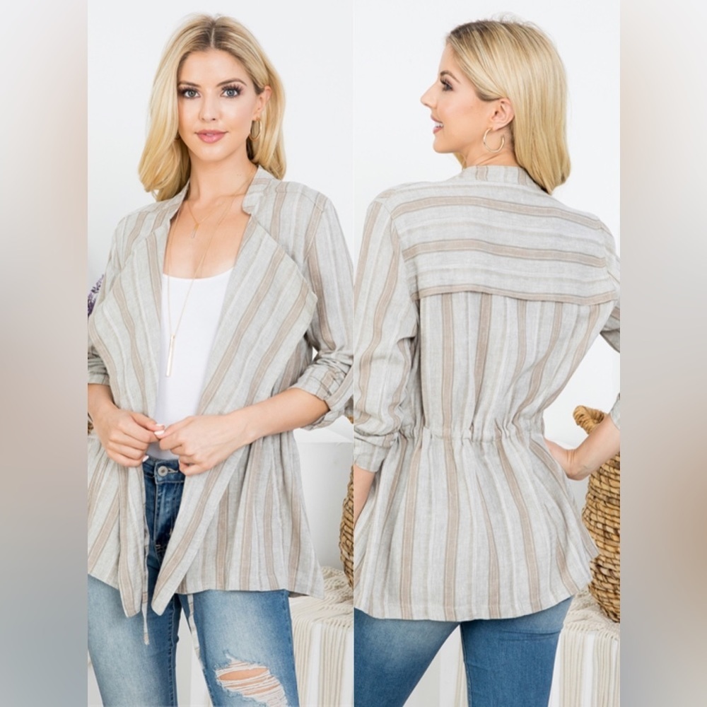 3-Pack Striped Open Front Drawstring Waist Jacket / Taupe
